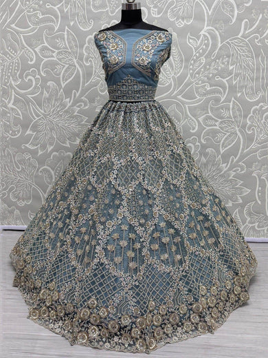 Adorable Blue Thread Work Net Bridesmaid Lehenga Choli With Dupatta - Ethnic Plus In